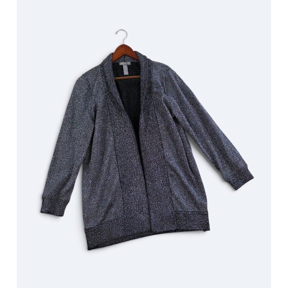 Investments Metallic Black Silver Knit Shimmer Open Front Cardigan Jacket S EUC